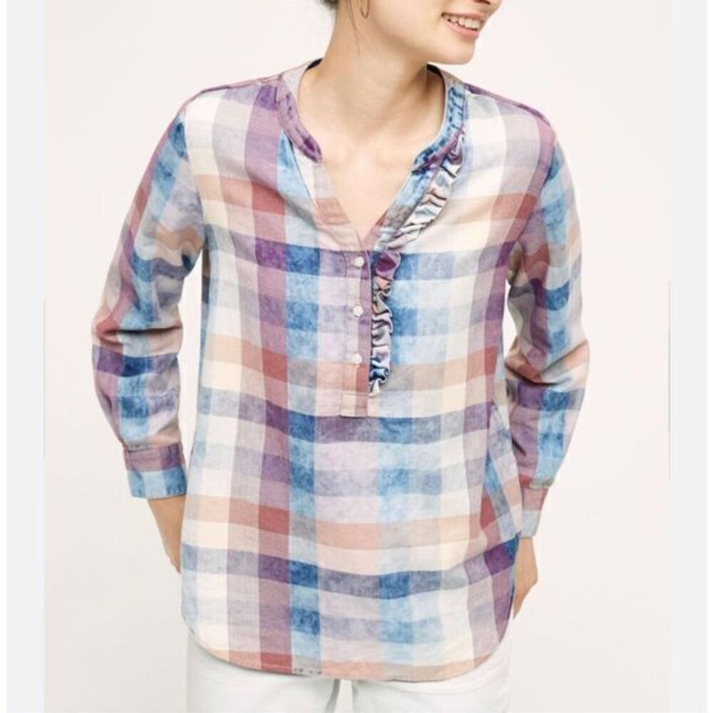 Anthropologie Isabella Sinclair Blouse Medium Pink Blue Plaid Ruffle Henley Top